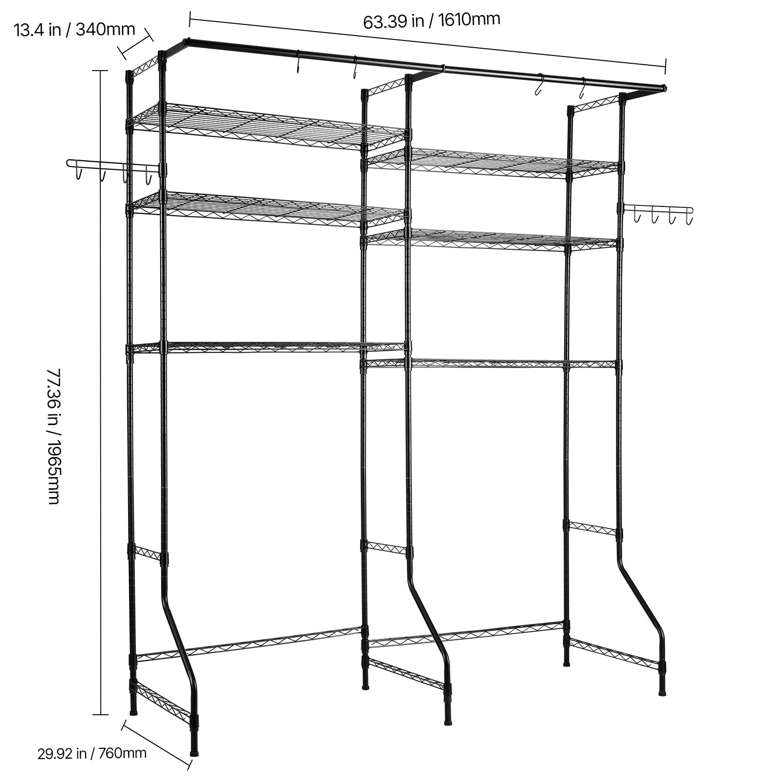 6 Tier Laundry Room Storage Shelf With Hanger Rod And Hooks Black_voghion.com
